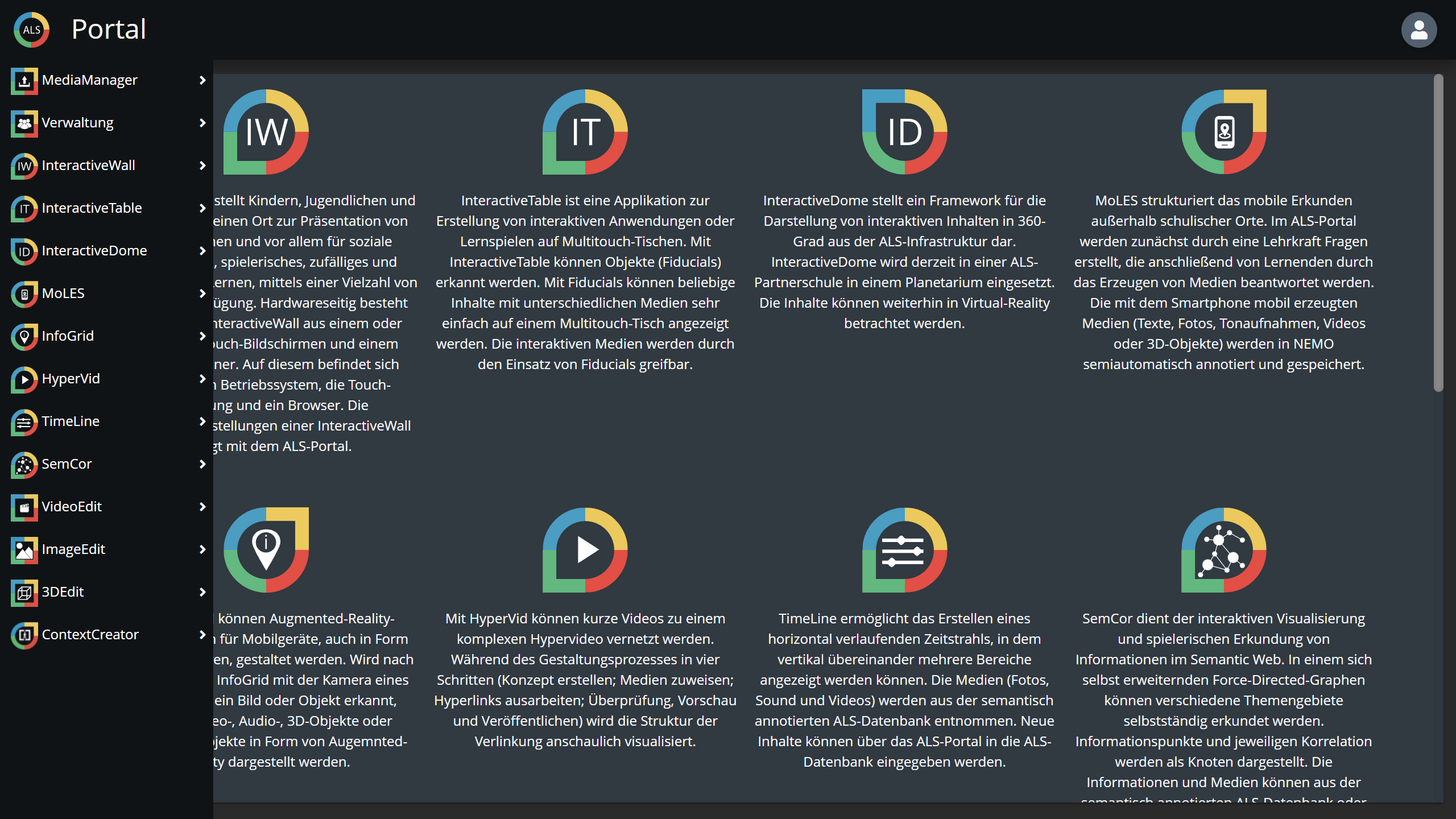 The ALS portal home page with sidebar