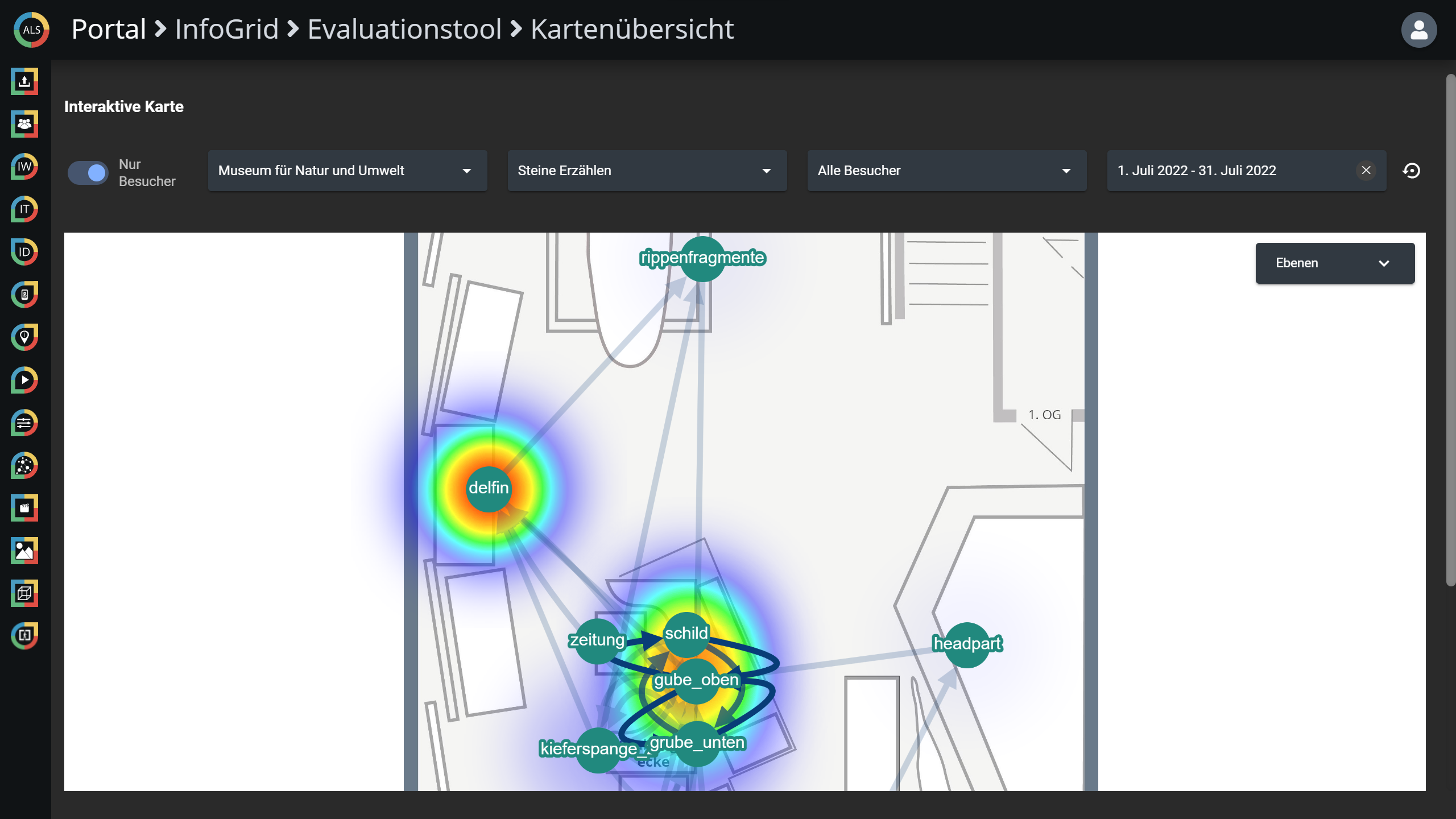 Floor plan of an exhibition with interaction heat map