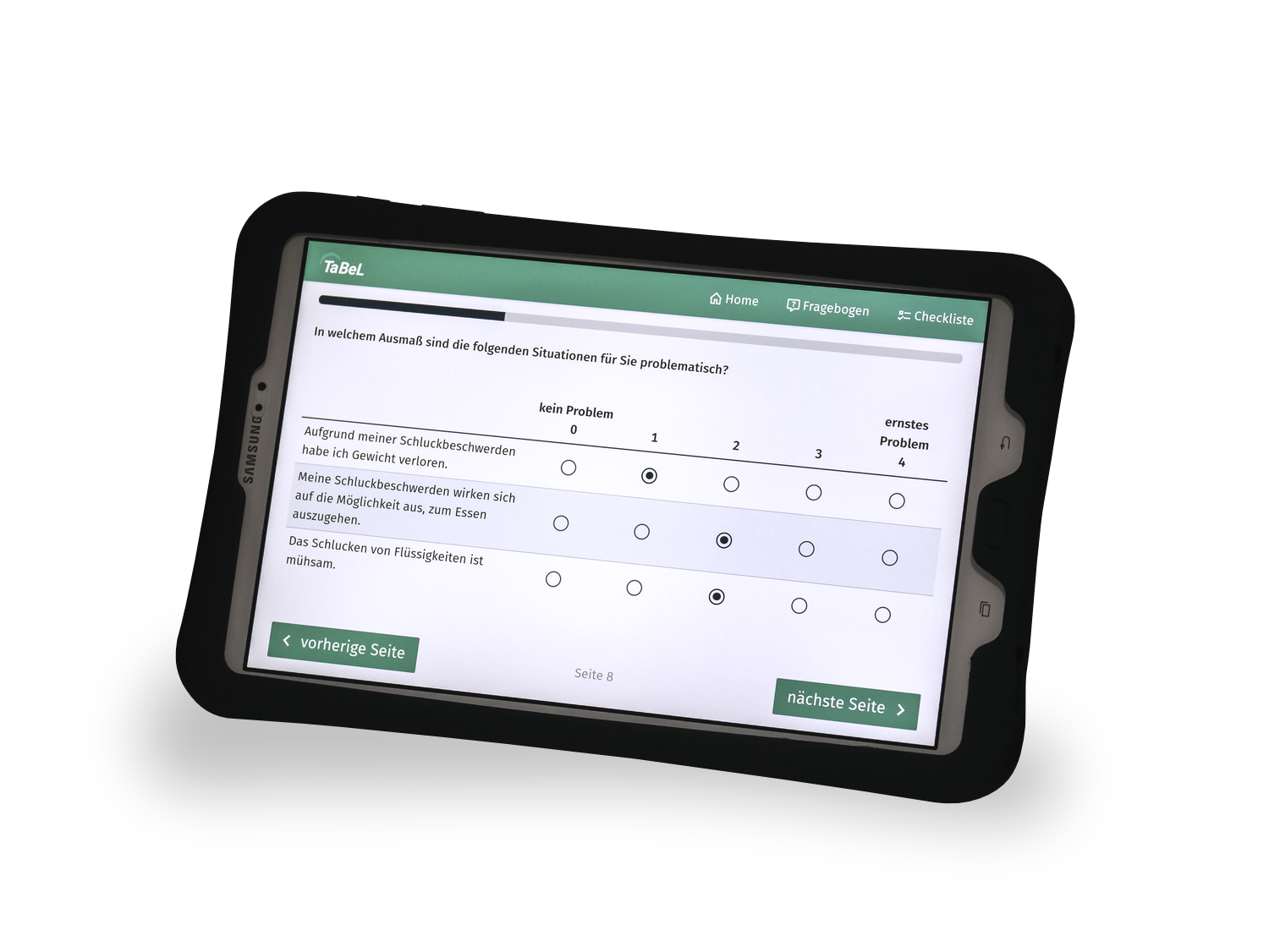 Das Studiensystem kommt auf Tablets zum Einsatz, mit denen Patienten Fragebögen ausfüllen.