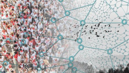 Menschenmenge geht über in Vogelschwarm hinter einem Netzwerk