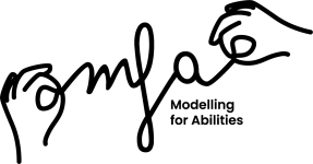 Die Abbildung zeigt das Logo des Projekts: Zwei Hände links und rechts, die zwischen sich den Schriftzug mfa aufziehen und darunter platziert der Text "Modelling for Abilities"